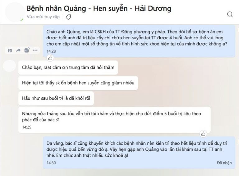 Khách hàng gửi lời cảm ơn và bày tỏ sự hài lòng về dịch vụ cấy chỉ chữa bệnh tại Đông phương Y pháp