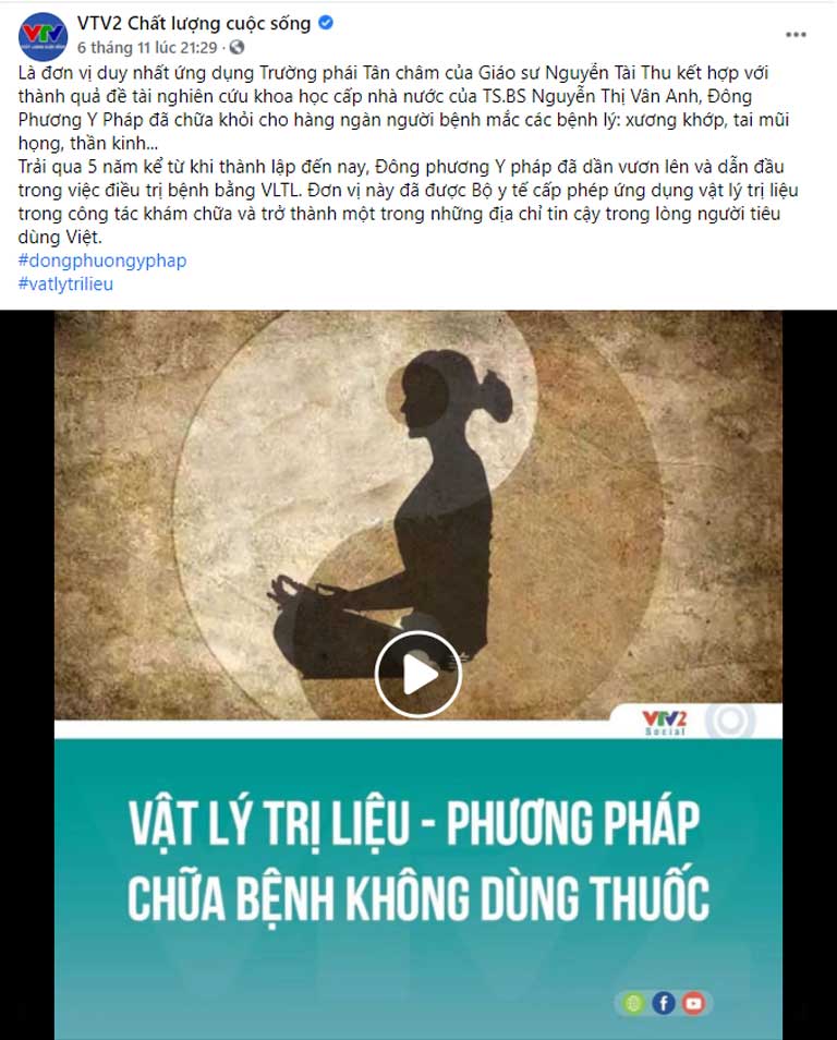 Bài đăng VTV2 giới thiệu Đông phương Y pháp trên fanpage