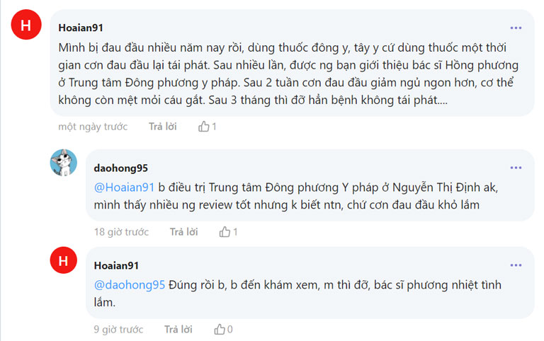 Bệnh nhân phản hồi tích cực sau khi điều trị đau đầu rối loạn tiền đìnn tại Trung tâm