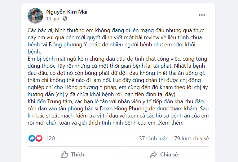 [FEEDBACK] Liệu trình Đông phương Thần hiệu Định tâm chữa mất ngủ, đau đầu, tiền đình...